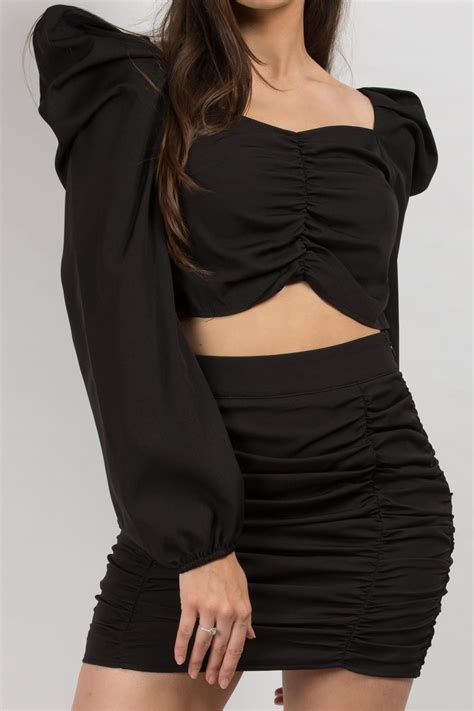 Black Ruched Mini Skirt And Crop Top Set Uk