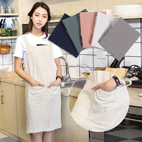 Qwy Women Cotton Linen Cross Back Apron Japanese Housework Kitchen Wrap