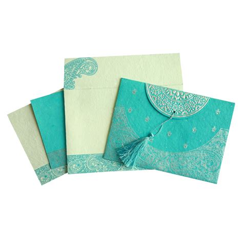 Turquoise Handmade Cotton Embossed Wedding Card W 8234k