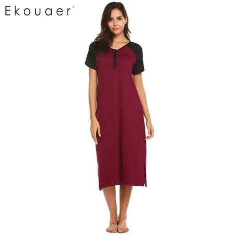 Ekouaer Women Nightgown Dress Nightwear Patchwork Short Sleeve V Neck Nighty Sleepwear