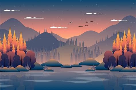 Scenery Autumn Forest With Mountain And Sky Illustration Sky