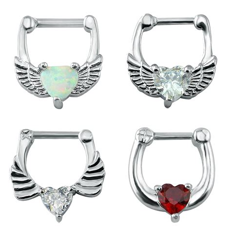 4pcs One Lot Heart Shape Opal Septum Clicker For Women 16g Stainless Steel With Cubic Zirconia
