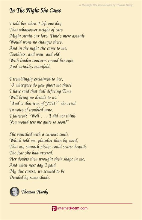 In The Night She Came Poem By Thomas Hardy