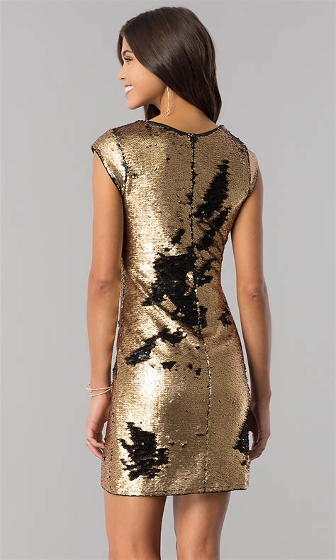 Sleeved Black And Gold Sequin Party Dress Promgirl