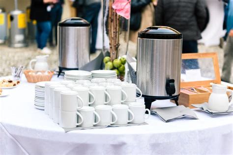 Coffee Cups On Catering Table At Conference Or Wedding Banquet Stock