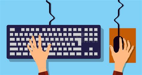 Flat Hands Typing On Keyboard With Cable And Blue Background Vector