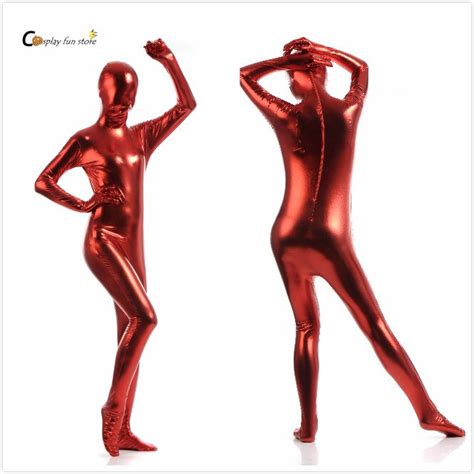 2017 Shiny Lycra Spandex Shiny Wine Red Womens Unitard Catsuits Metallic Footed Zipper Zentai