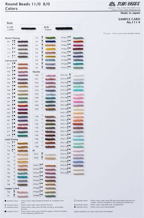 Toho Color Chart Bead Size Chart Seed Bead Crafts Toho Beads