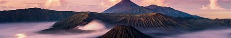 1280x212 Calm Volcano Landscape In Fog 1280x212 Resolution Wallpaper