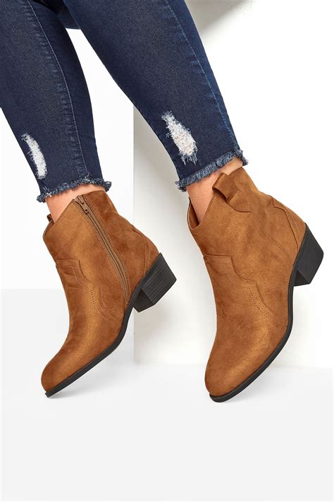 Tan Vegan Faux Suede Western Ankle Boots In Extra Wide Fit Long Tall