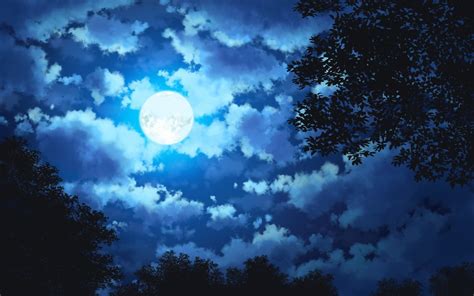 Wallpaper Night Moon Trees Sky Clouds Anime Scenery Resolution