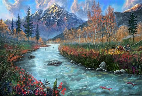 Art Painted Landscape Fish River Mountain Stones Man Hd