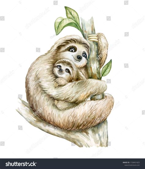 Sloth Mom Baby Sitting On Branch Stock Illustration 1728451825