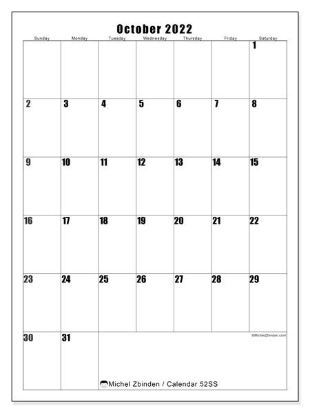 Printable October 2022 “52ss” Calendar Michel Zbinden En