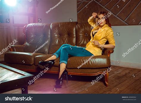 Sexual Woman Yellow Unbuttoned Jacket Posing Stock Photo 409898362
