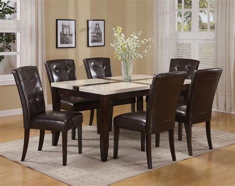 Classy dining room set, featuring a rounded table with a granite tabletop, a beautiful rounded design, and a strong base. Acme Justin White Faux Marble Top Dining Table Set in ...