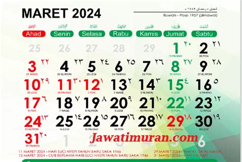 Kalender Jawa Maret 2024 Lengkap Dengan Weton Untuk Menghitung Hari
