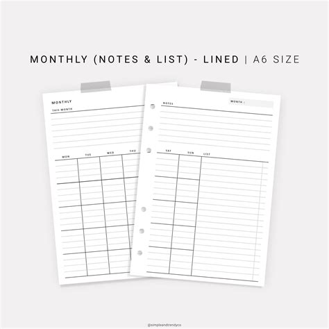 Monthly Planner A6 Inserts Printable Monthly Notes Monthly Etsy