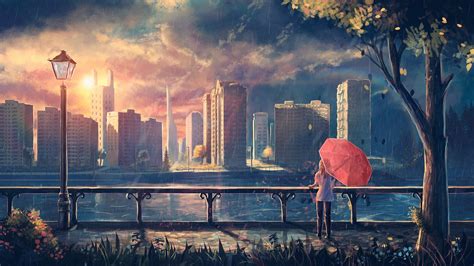 Anime Girls Cityscape Rain Artwork Sunlight Trees Umbrella