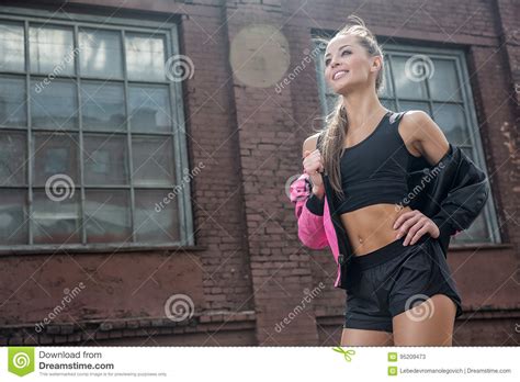 Attractive Fitness Woman Trained Female Body Lifestyle Portrait Caucasian Model Stock Image
