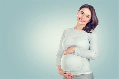 Pregnant Happy Woman Touching Her Belly Pregnant Middle Aged Woman Portrait Healthy Pregnancy
