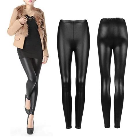 black faux pu leather leggings women skinny pencil pants trousers slim fit bodycon stretchy