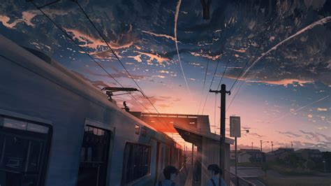 Download 1920x1080 Anime Landscape Sunset Train Clouds Scenic