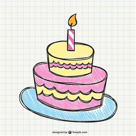 Draw this birthday cake by following this drawing lesson. Birthday cake drawing | Free Vector