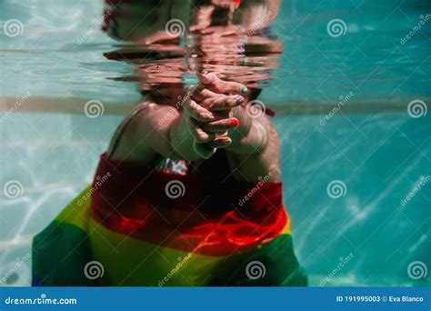 Two Women At The Pool Together Wrapped With Rainbow Gay Flag Lgbt Concept Stock Image Image