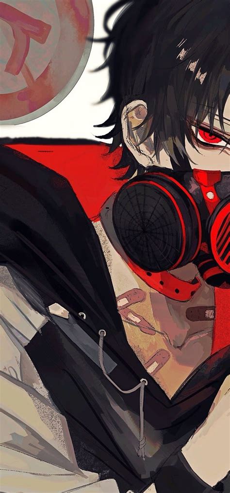 1080x2310 Anime Boy Gas Mask Red Eyes Black Hair Hoodie Anime Male