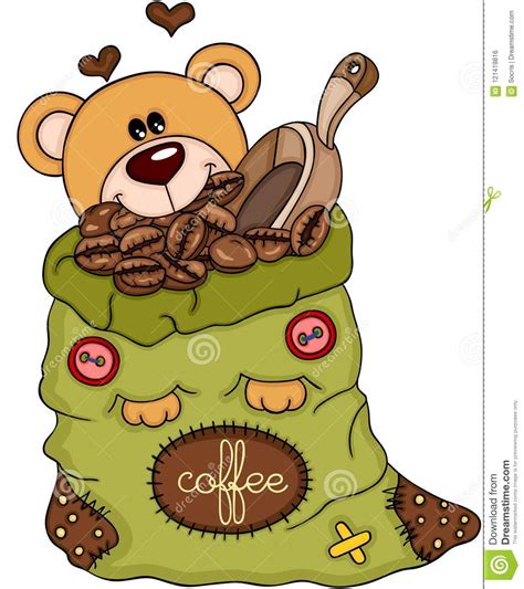 Teddy Bear With Bag Of Coffee Beans And Scoop Stock Vector