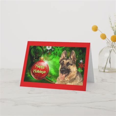 German Shepherd Christmas Card Red Ball Green Dog Holiday Holiday