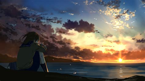 Download 1920x1080 Anime Girl Crying Lonely Sunset
