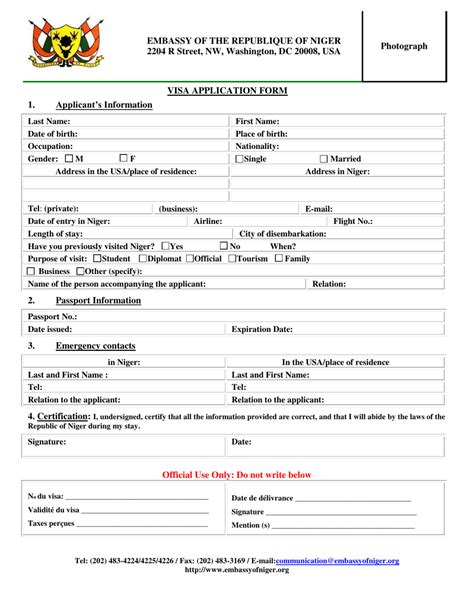 Washington Dc Nigerien Visa Application Form Embassy Of The