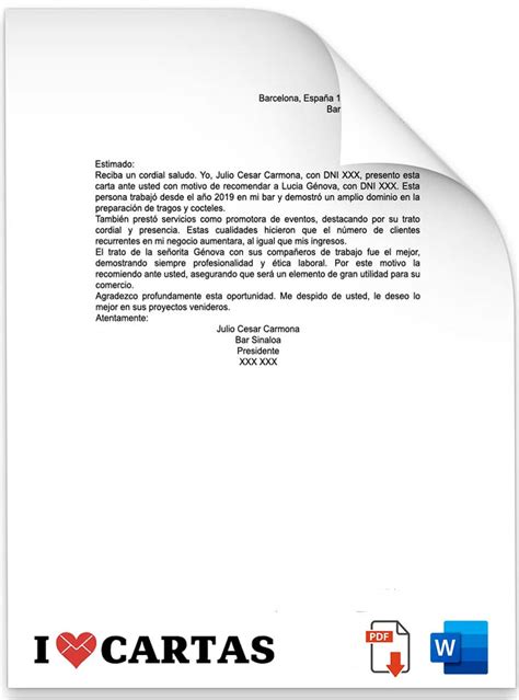 Carta De Recomendación Laboral Modelo 2 En Word Y Pdf