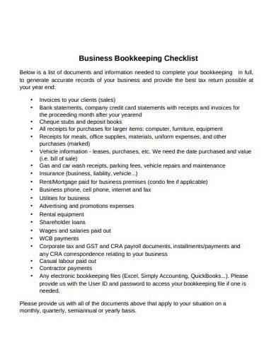 12 Bookkeeping Checklist Samples And Templates In Pdf Ms Word