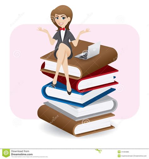 Cartoon Businesswoman Sitting On Stack Of Book With