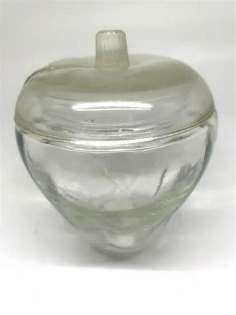 Vintage Clear Glass Apple Shaped Candy Dish With Lid Embossed Leaf 6