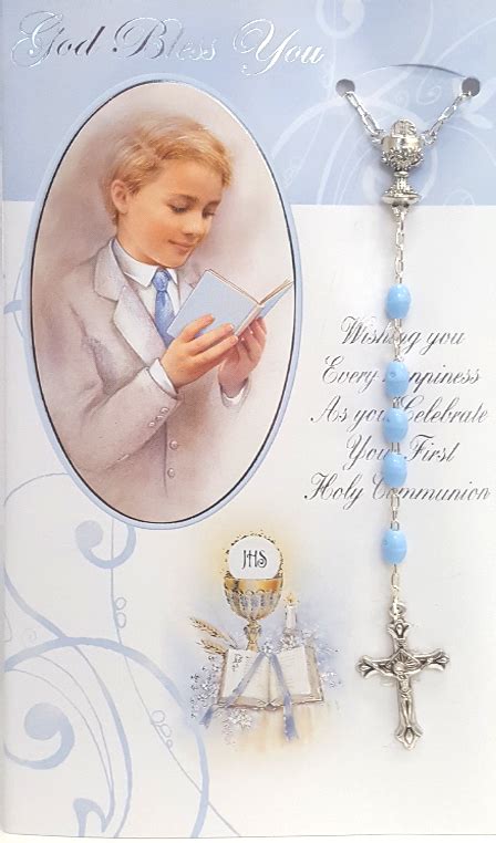 Card First Holy Communion With Blue Rosary Boy First Holy Communion