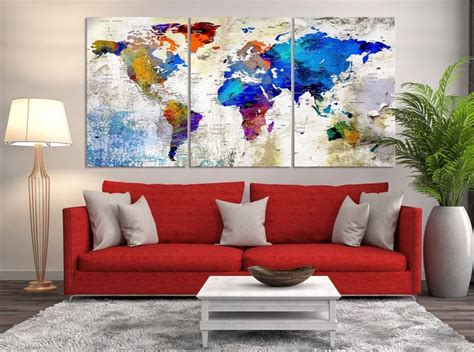 53868 Modern 3 Panel Large Watercolor World Map Canvas Print Ready