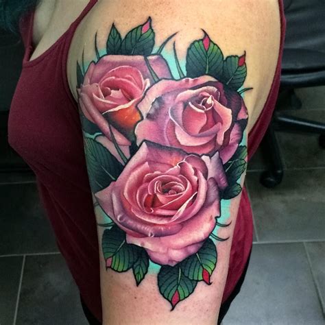 Color Tattoo Pink Rose Tattoo By John Barrett Pink Rose Tattoos