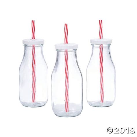 Clear Glass Milk Bottles With Striped Straws