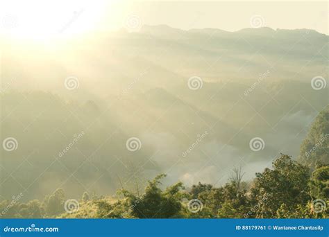 Sunrise Over The Mountain Landscape With Beautiful Sun Rays Stock Image