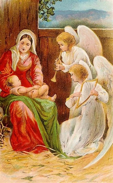 Mary Holding Baby Jesus As Two Angels Look On With
