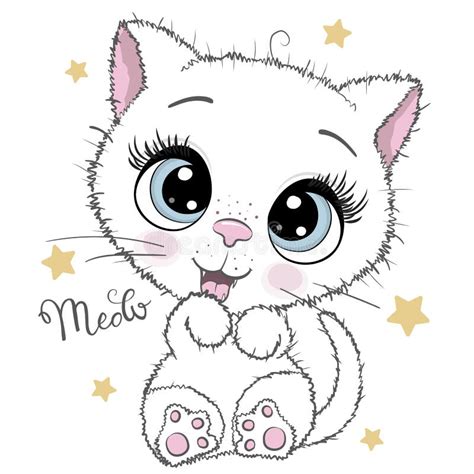 Cartoon White Kitten With A Bow On A Blue Background Stock Vector