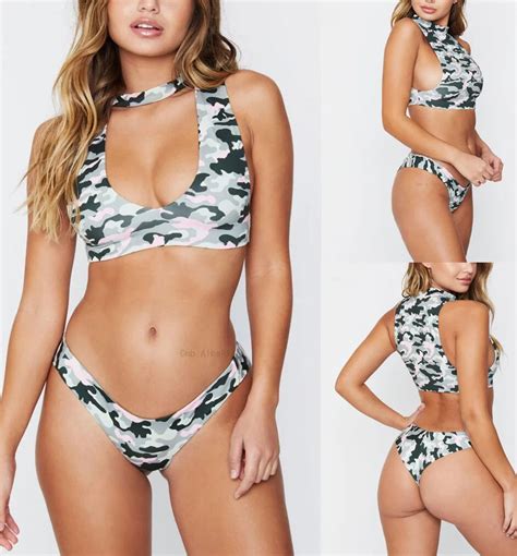 Sexy Reversible Camouflage Biquini Thong High Neck Swim Bathing Suit