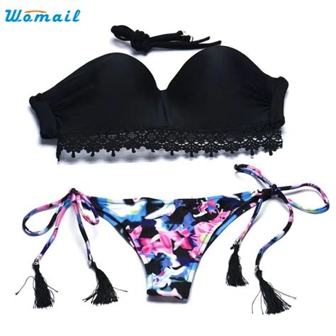 2016 Hot Sale Women Bikinis Set Female Sexy Bra Floral Swimsuit Push Up Swimwear Black Lady