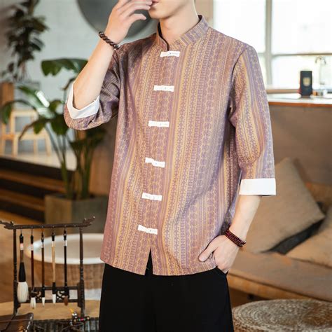 34 Sleeve Striped Signature Cotton Chinese Style Casual Shirt Idreammart