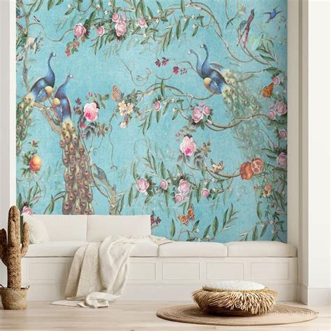 Wallpaper Mural With Birds Peel And Stick Chinoiserie Etsy