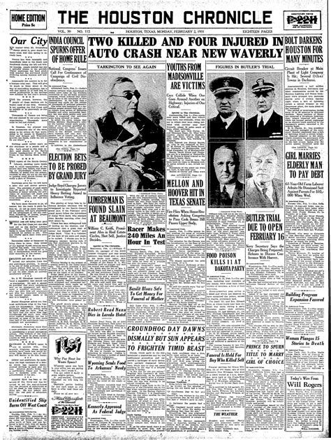 Houston Chronicle Page One Feb 2 1931